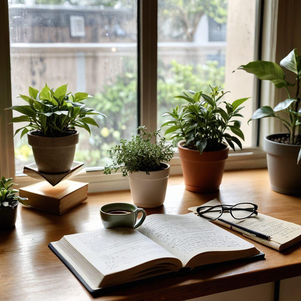 A serene workspace featuring an open journal with handwritten notes, a steaming cup of herbal tea beside it, and a blooming potted plant in the background. Soft, natural light filters through a nearby window, illuminating motivational quotes on the wall. The scene evokes a sense of tranquility and self-reflection, inviting viewers to explore personal growth. soft focus, warm colors, cozy aesthetic.