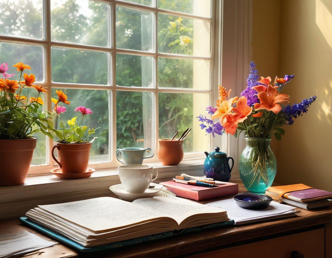 A serene writer's desk filled with colorful journals, ink pens, and a steaming cup of tea. In the background, a window reveals a lush garden, symbolizing growth and inspiration. Wisps of creative ideas float around as if they are being transformed into words. Soft sunlight filters through, casting a warm glow over the scene. Painting style. vibrant colors.