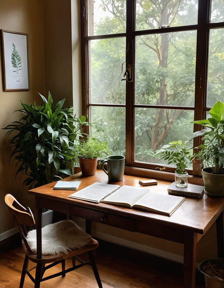 A serene writing space featuring a wooden desk surrounded by green plants, open notebooks filled with handwritten notes, a steaming cup of herbal tea, and soft morning sunlight filtering through a window. Visual elements representing wellness, like yoga mats and crystals, subtly incorporated. The overall atmosphere is peaceful and inspiring, evoking creativity and self-care. super-realistic. warm tones. soft focus.